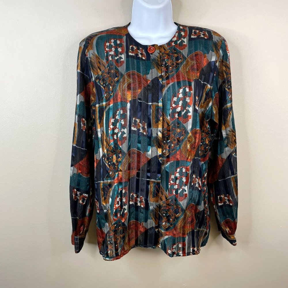 VTG Yves St Clair Metallic Shimmery Sheer Top Size 10 Teal Rust Fall Long Sleeve